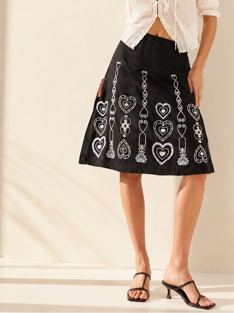Vintage Y2k Linen Blend Sequin Embroidered Heart Skirt Statement Sz 6
